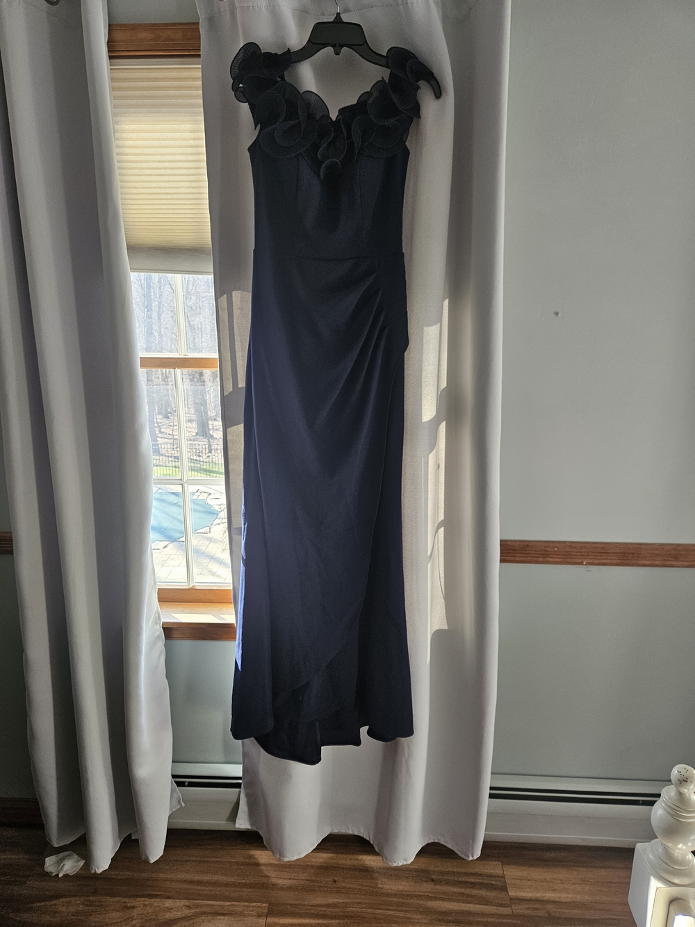 Aqua Navy Maxi Dress with Floral Ruffle Neckline